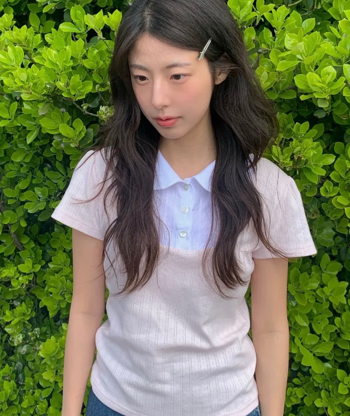 레터프롬문 베슈아 레이어드 카라 탑 핑크 크롭 반팔 티셔츠 상품이미지2