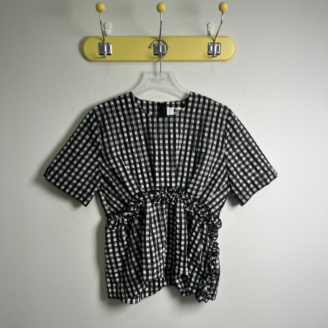 MSGM 깅엄 체크 러플 타이 반팔 블라우스 42 상품이미지1