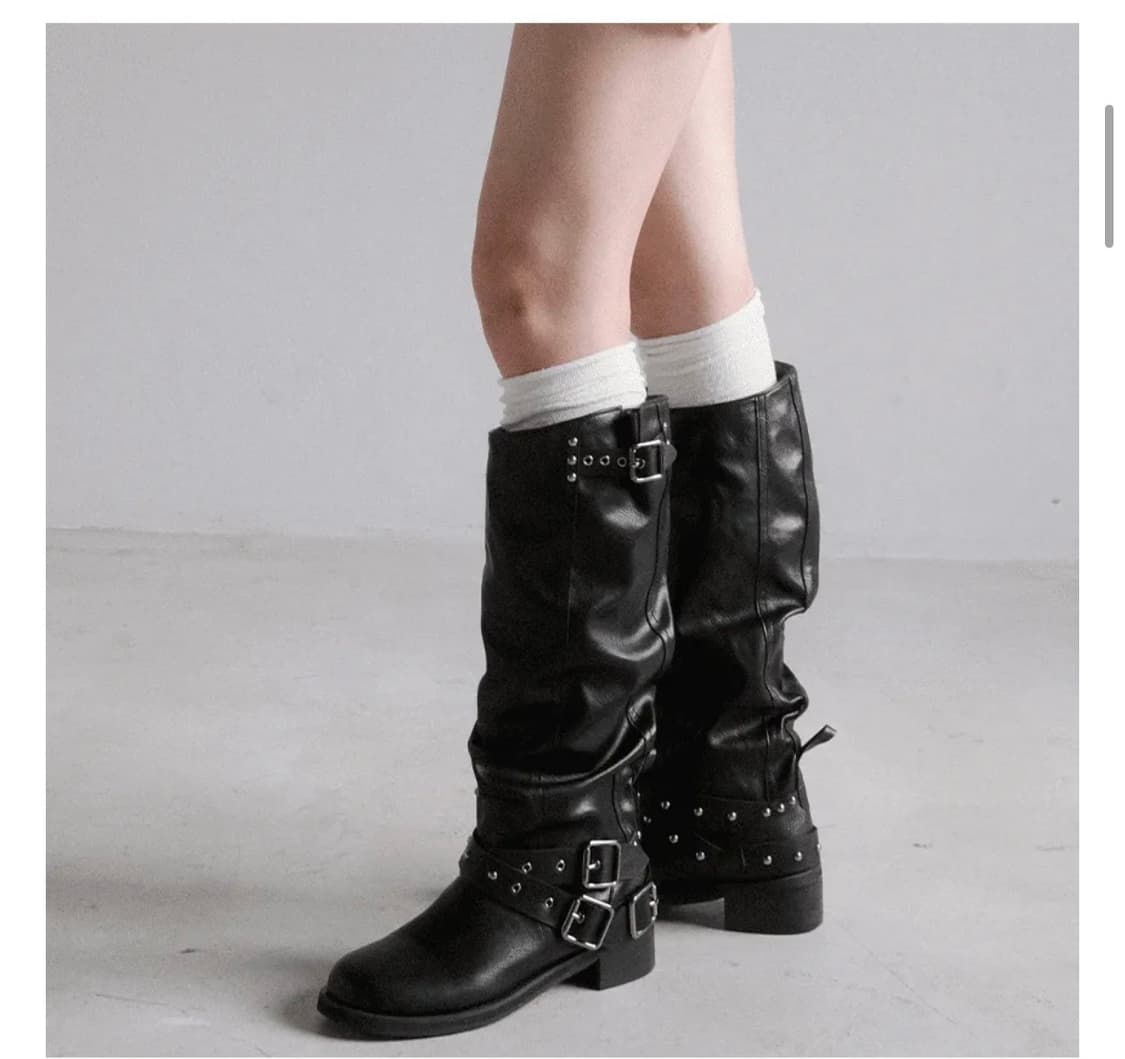 애프터나인티스 바이커 버클 셔링 롱부츠 4.5cm 블랙 상품이미지1