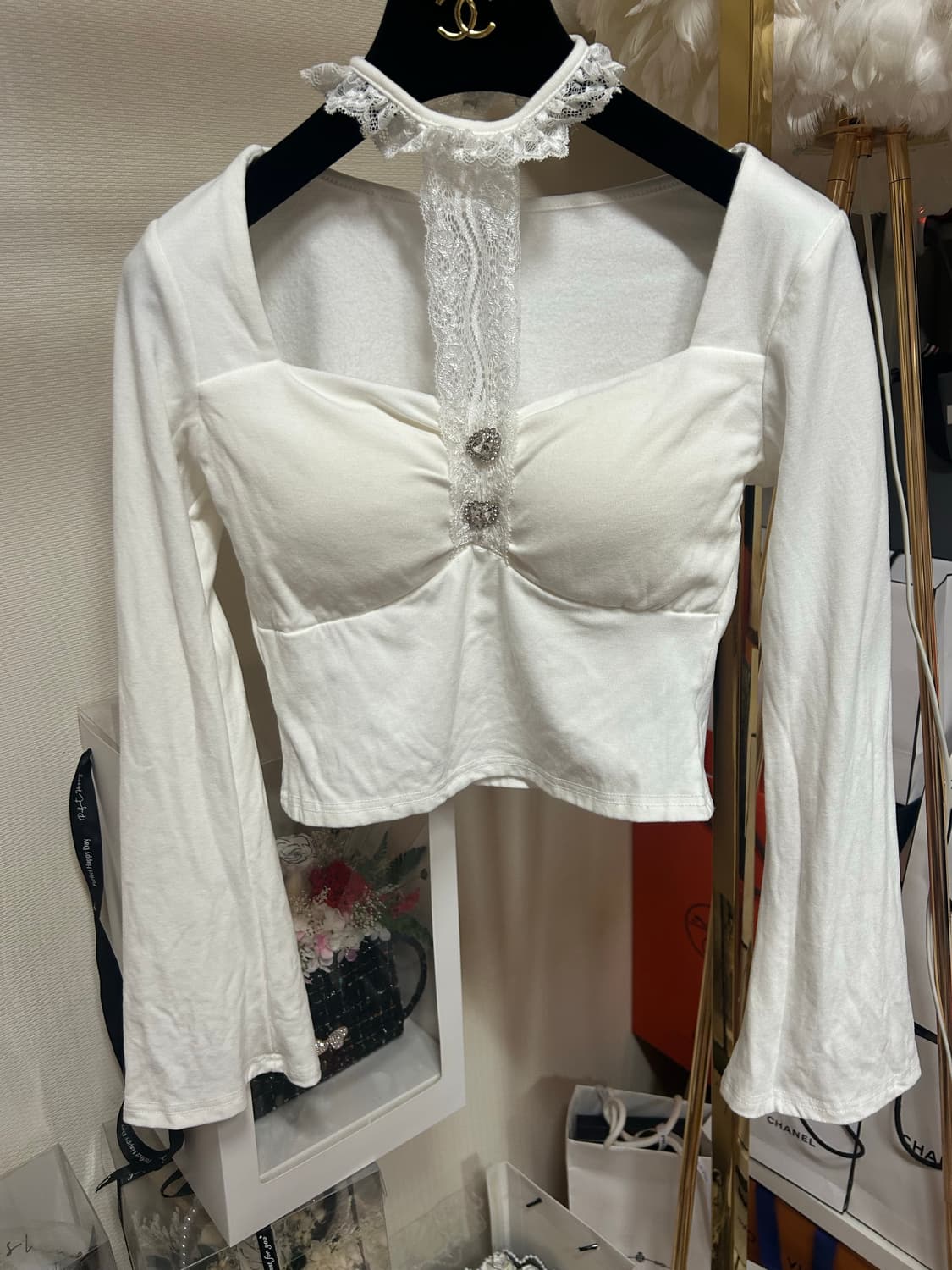 초커 큐빅 버튼 포인트 스퀘어넥 탑 상품이미지5