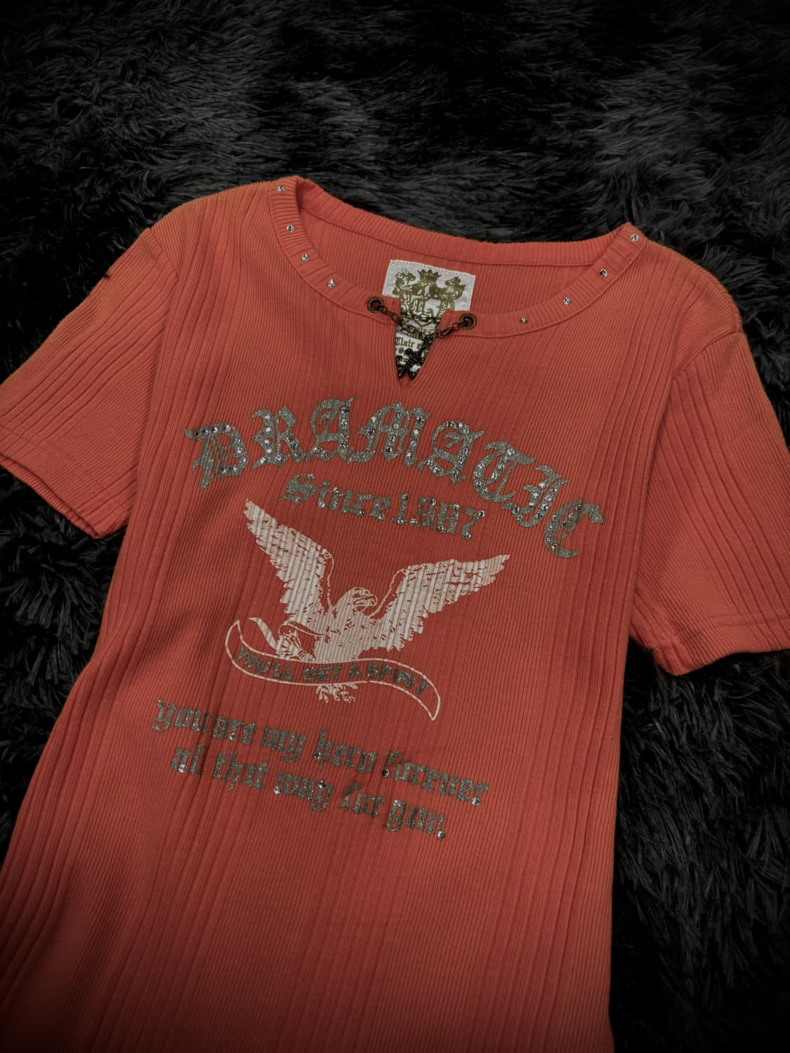 오렌지 이글 프린팅 체인 레이어링 골지 반팔 티셔츠 상품이미지3