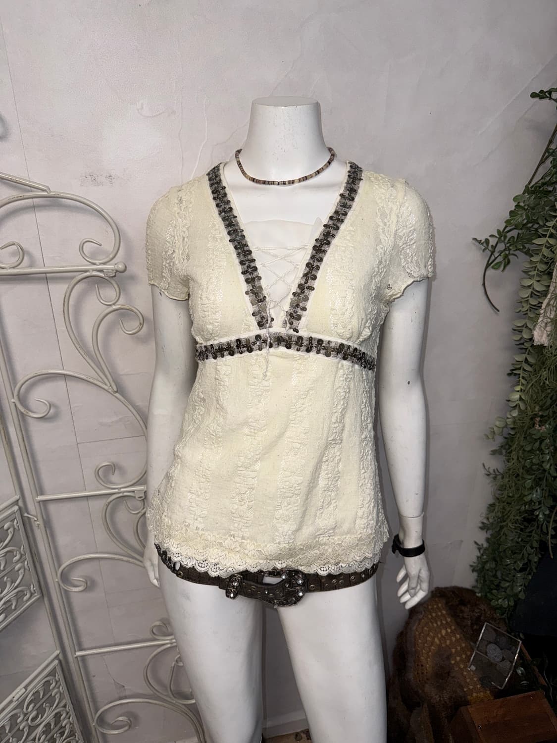 Ivory fairy floral beads laceup half bl 상품이미지2