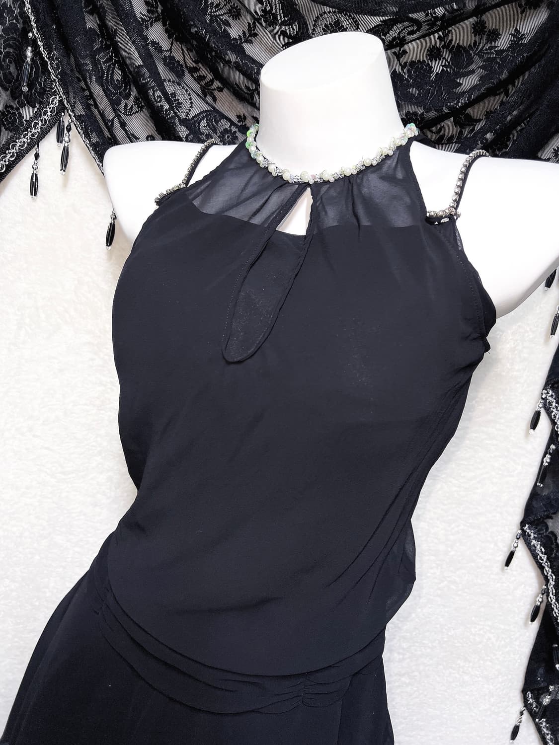 로맨틱고딕 고스 갸루 비즈 홀터넥 나시 언발 쉬폰원피스 파티드레스 연말 상품이미지7