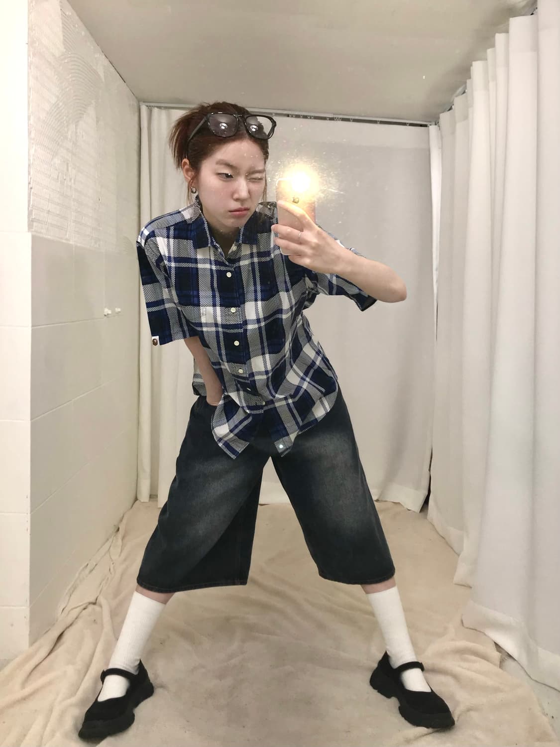 베이프 블루 체크 반팔 셔츠 상품이미지2