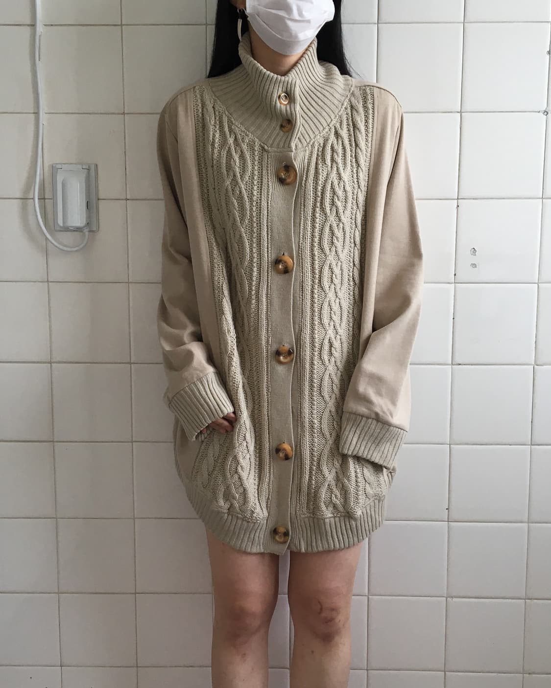 Cable pattern high neck knit cardigan 상품이미지8