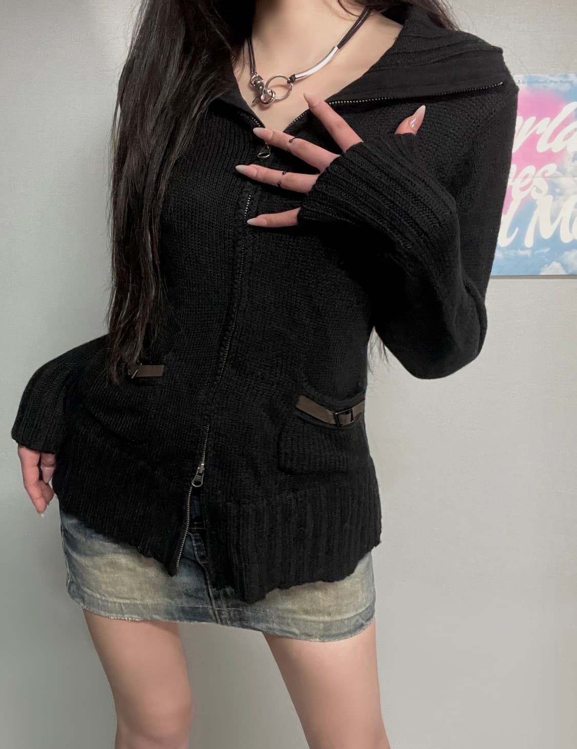 y2k 펑크 블랙 버클 니트 투웨이 집업 상품이미지1