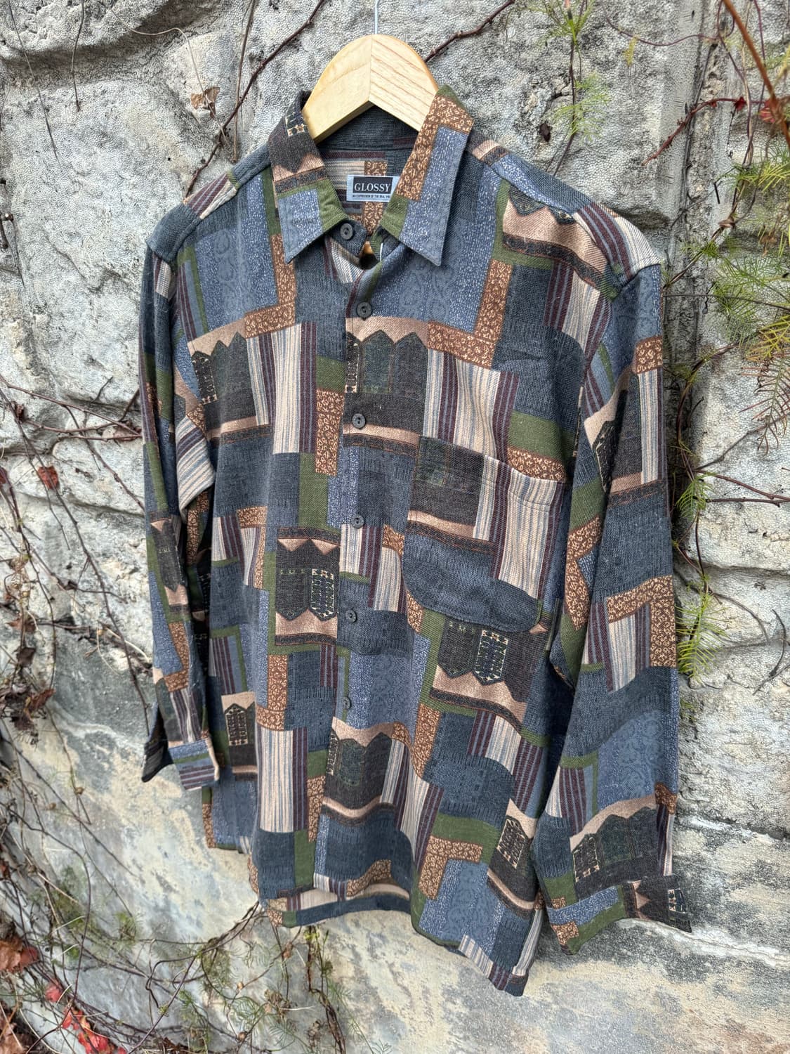 일본 빈티지 폴리 코튼 혼방 에스닉 패턴 셔츠 m 상품이미지3