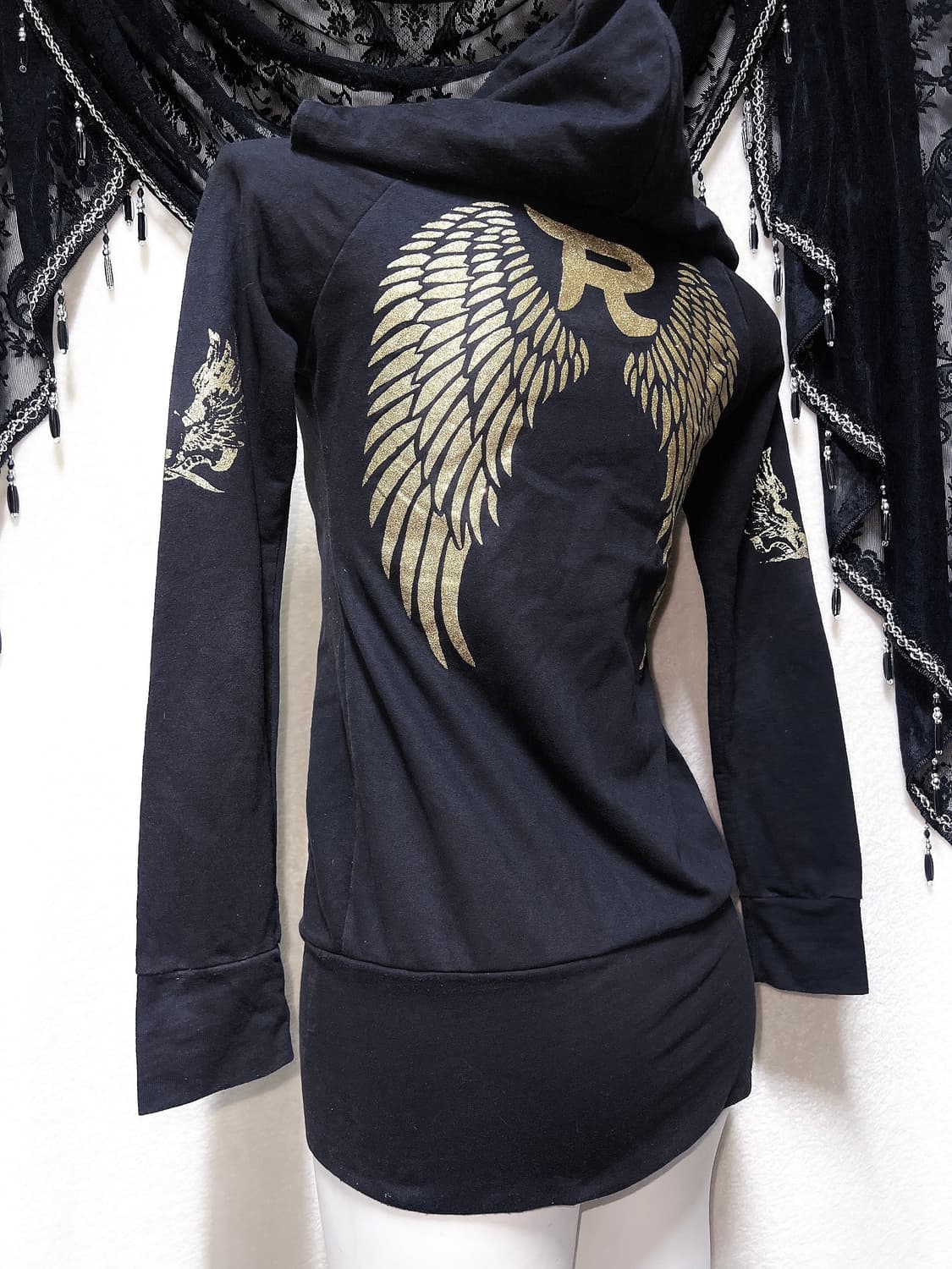 오네갸루 고스펑크 y2k 00 그런지 핀터 날개 윙 프린팅 후드집업원피스 상품이미지9