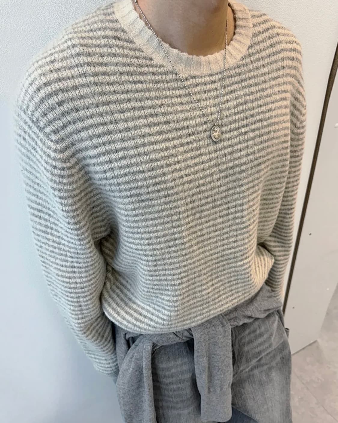 인템포무드 리스하버 스트라이프 니트 크림 그레이 M 상품이미지1