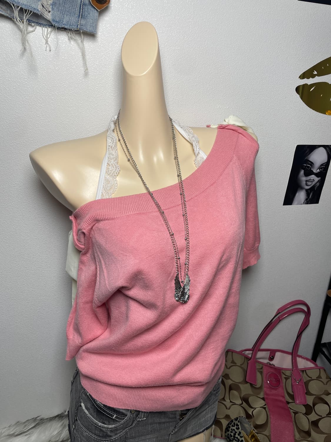 러블리 오프숄더 핑크 반팔 니트탑 상품이미지2