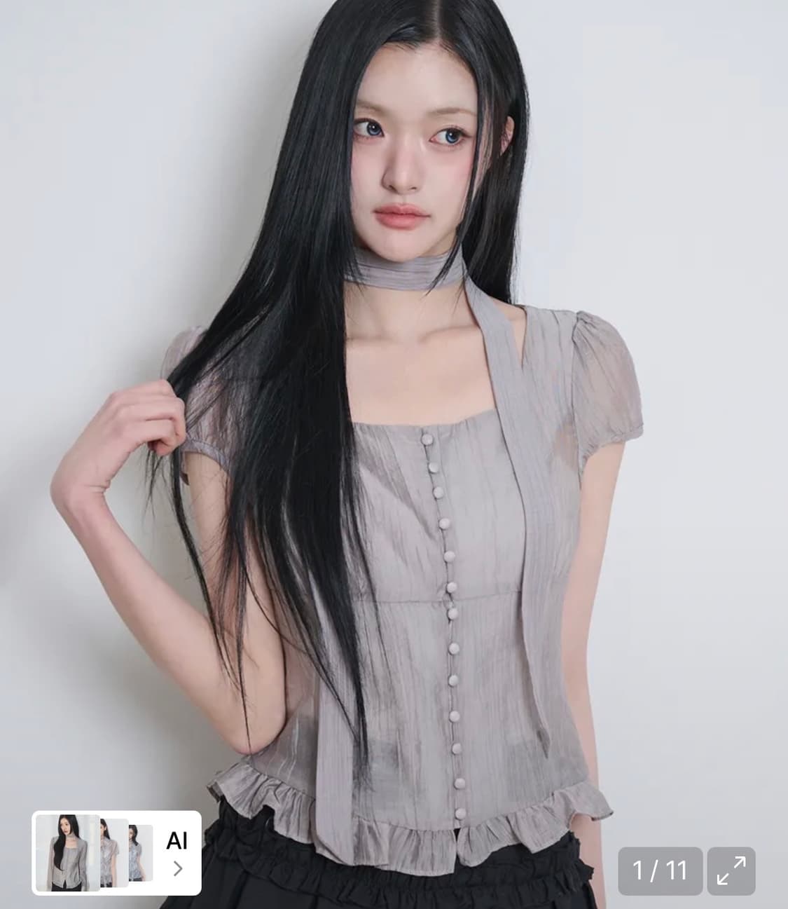 일리고 리본 타이 스퀘어넥 블라우스 그레이 상품이미지1