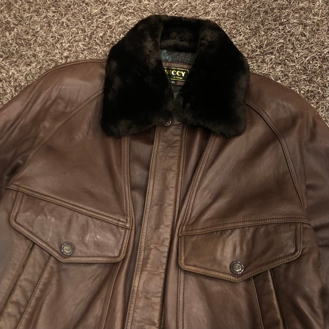 빈티지 양가죽 봄버 브라운 레더 가죽 자켓 퍼 카라 탈부착 상품이미지3