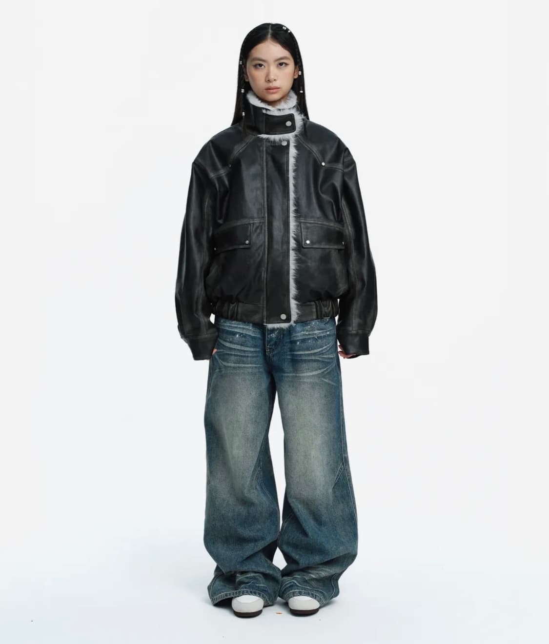 러프넥 워싱 레더 무스탕 자켓 그레이 S 사이즈 상품이미지2