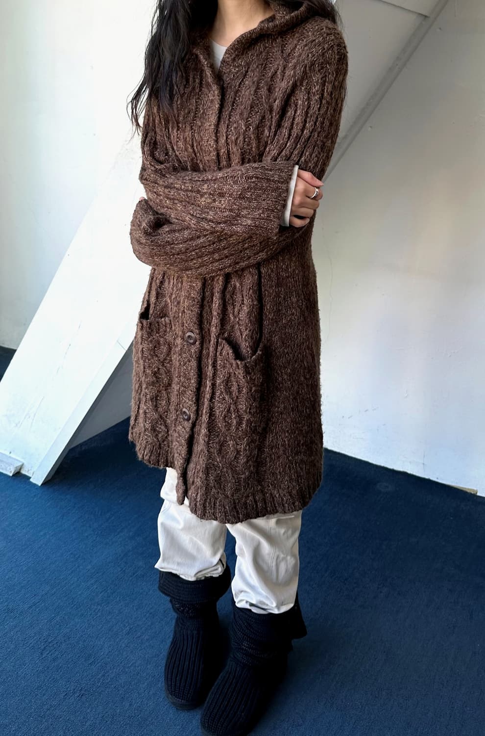 Cable patterned hooded long knit jacket 상품이미지8