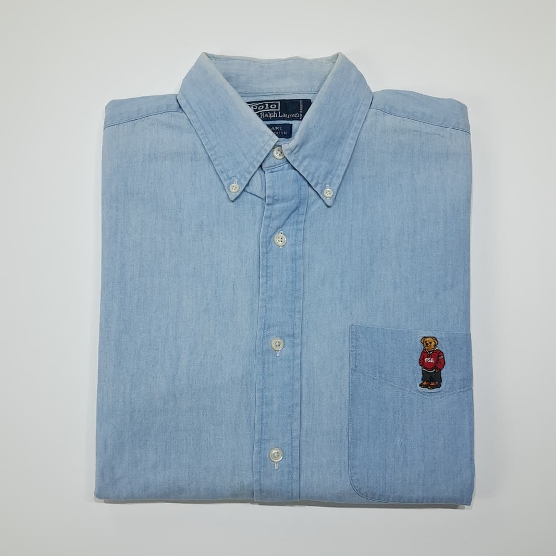 CL063 폴로 코튼 90s블레어 USA후디베어 연청 샴브레이셔츠 상품이미지7