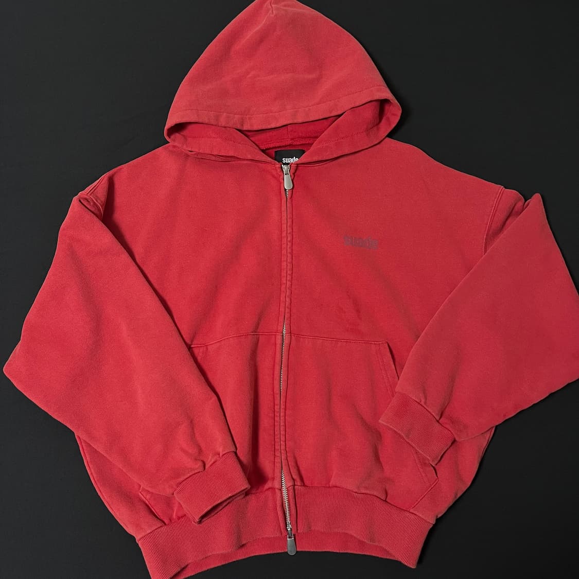 스웨이드 크롭 워시드 후드 집업 레드 빨강 상품이미지2