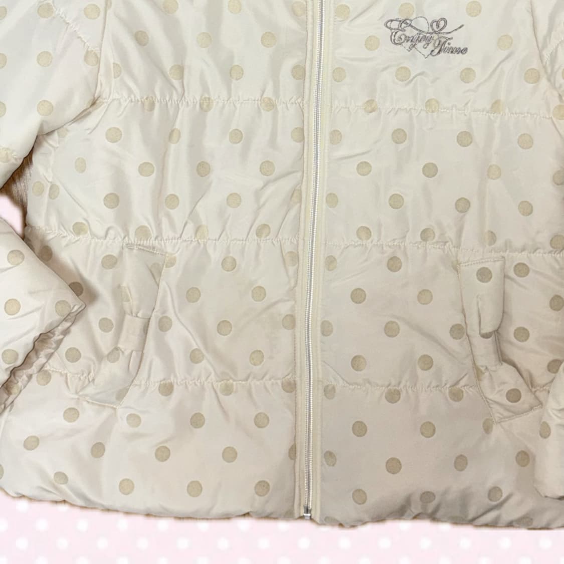 히메갸루 모리걸 아이보리 베이지 도트 리본 숏패딩 아우터 상품이미지4