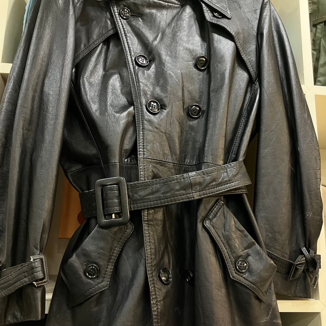 VTG 빈티지 블랙 레더 트렌치 코트 L 상품이미지3