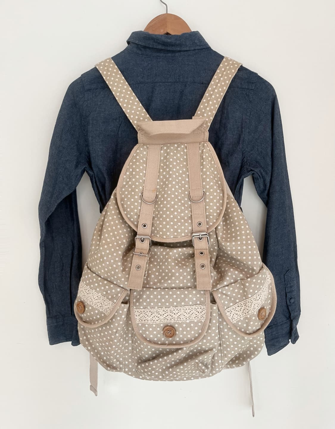 단추코어 땡땡이 도트 레이스 아일렛 모리걸 백팩 가방 배낭 상품이미지3