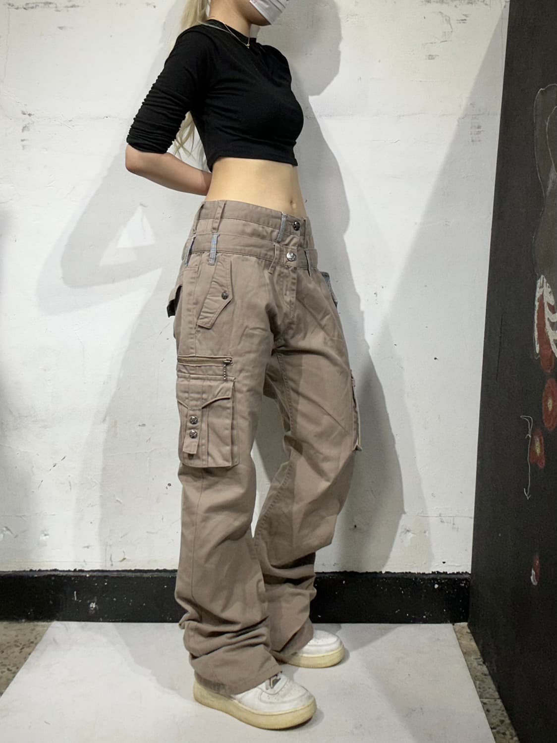더블포커스 y2k 베이지 와투케 힙합 새깅 로우라이즈 도킹 카고 팬츠 L 상품이미지1