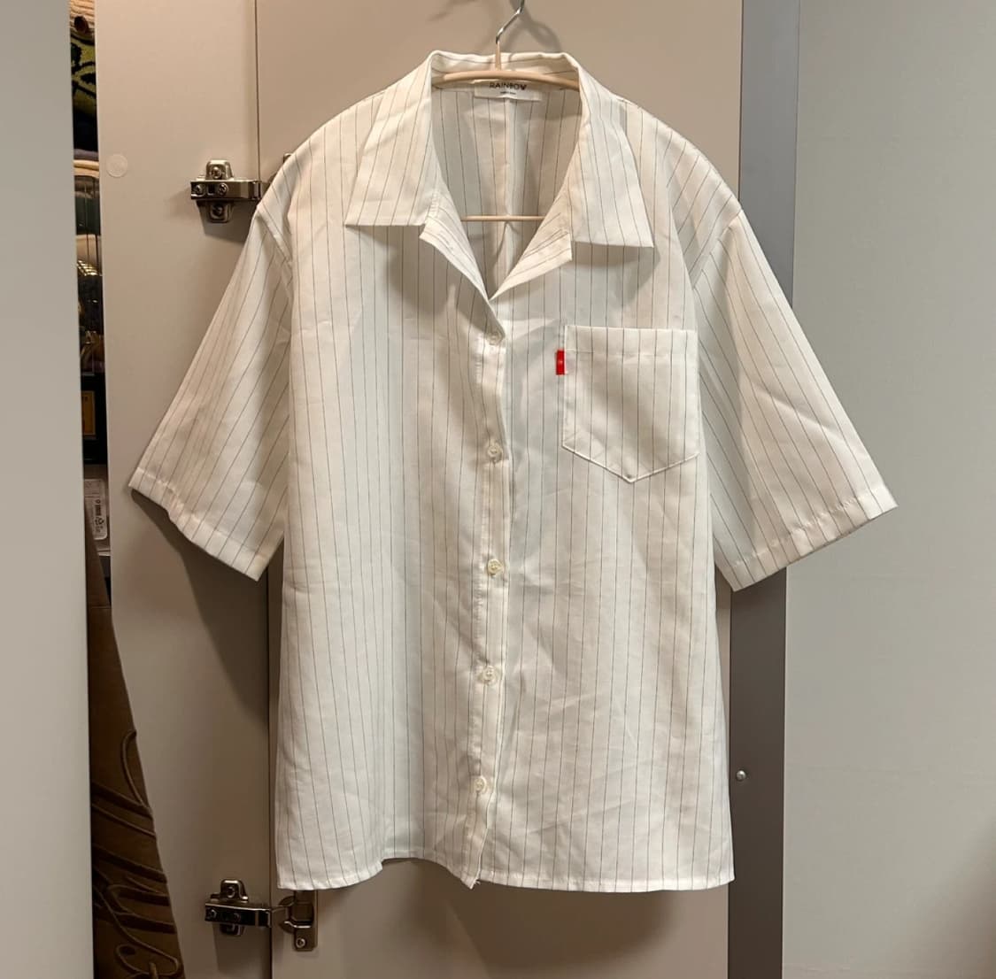 (새상품) 남녀공용 스트라이프 반팔 셔츠 화이트 상품이미지1