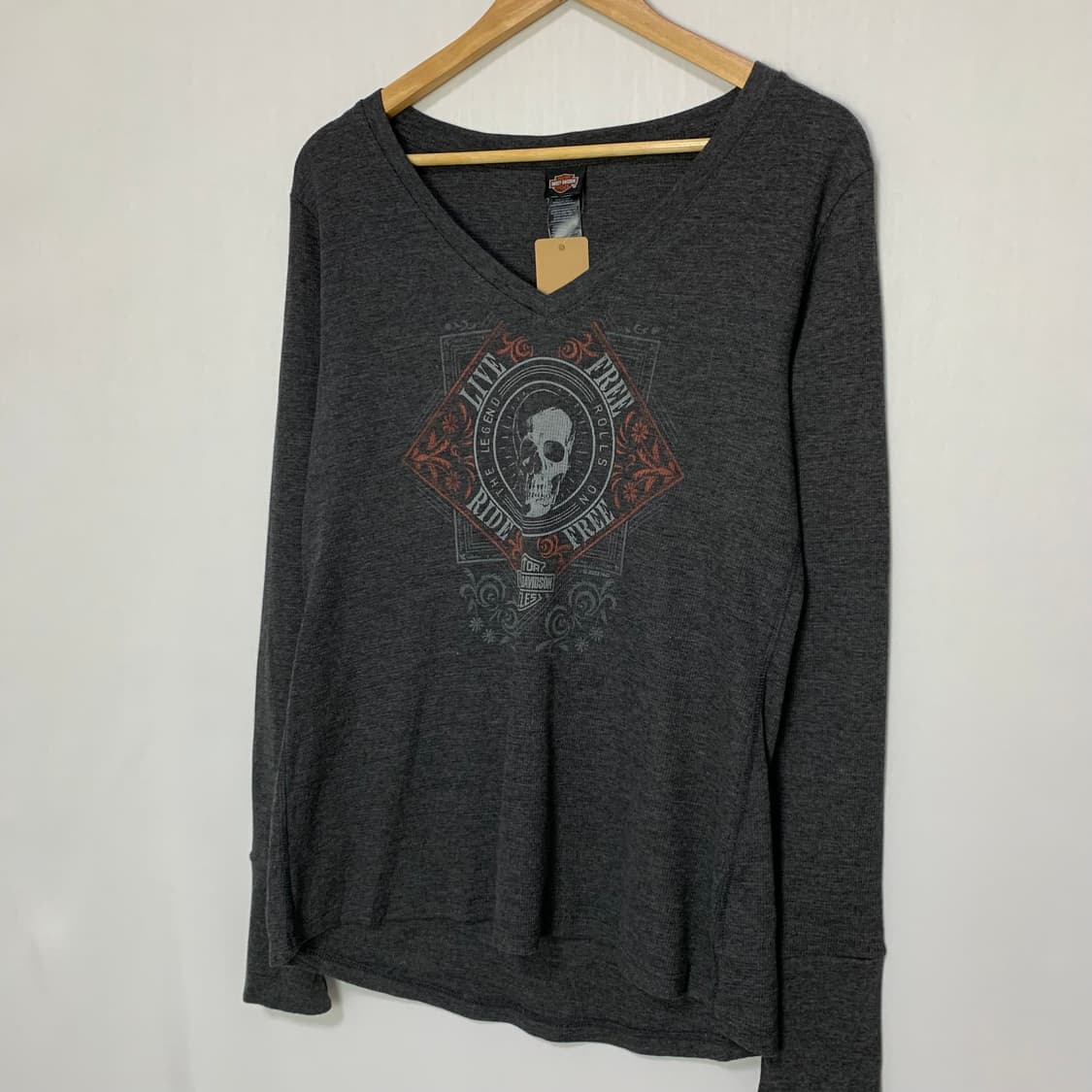할리데이비슨 브이넥 스컬 프린팅 빈티지 롱슬리브 핸드워머 긴팔 티셔츠 상품이미지3