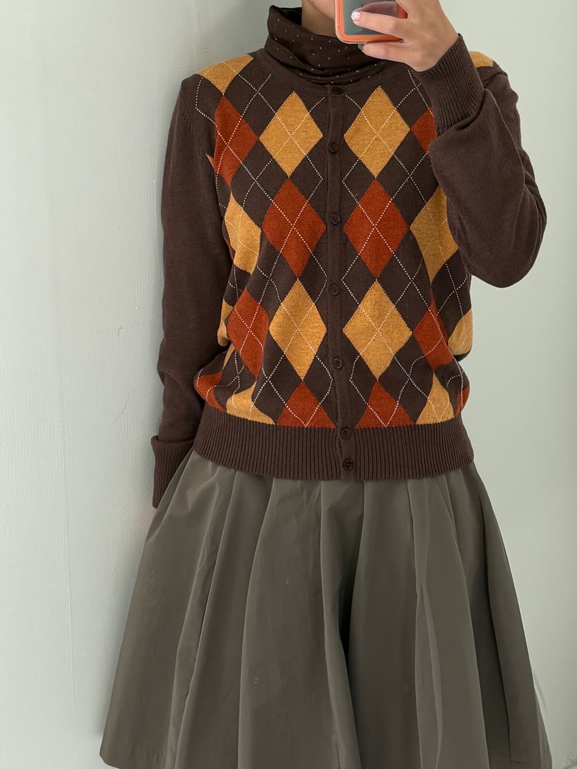 일본빈티지 브라운 아가일패턴 울 가디건 상품이미지1