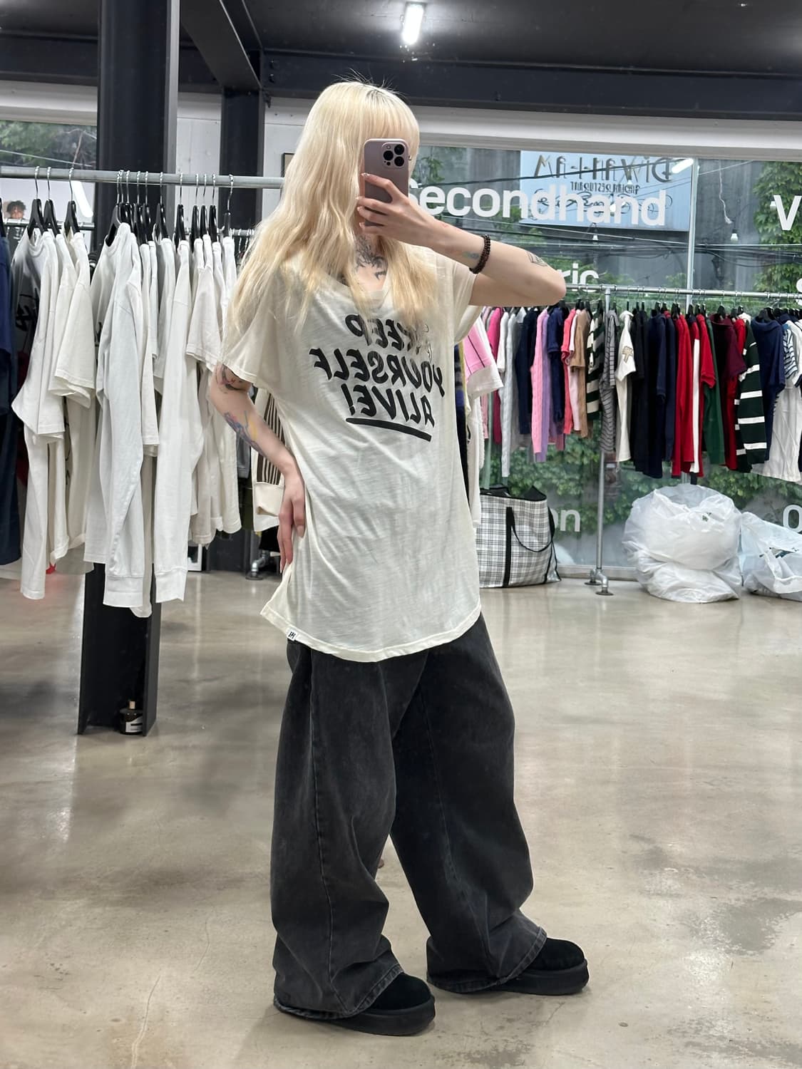 히스테릭 글래머 원숄더 아이보리 KEEP YOURSELF ALIVE! 반 상품이미지2