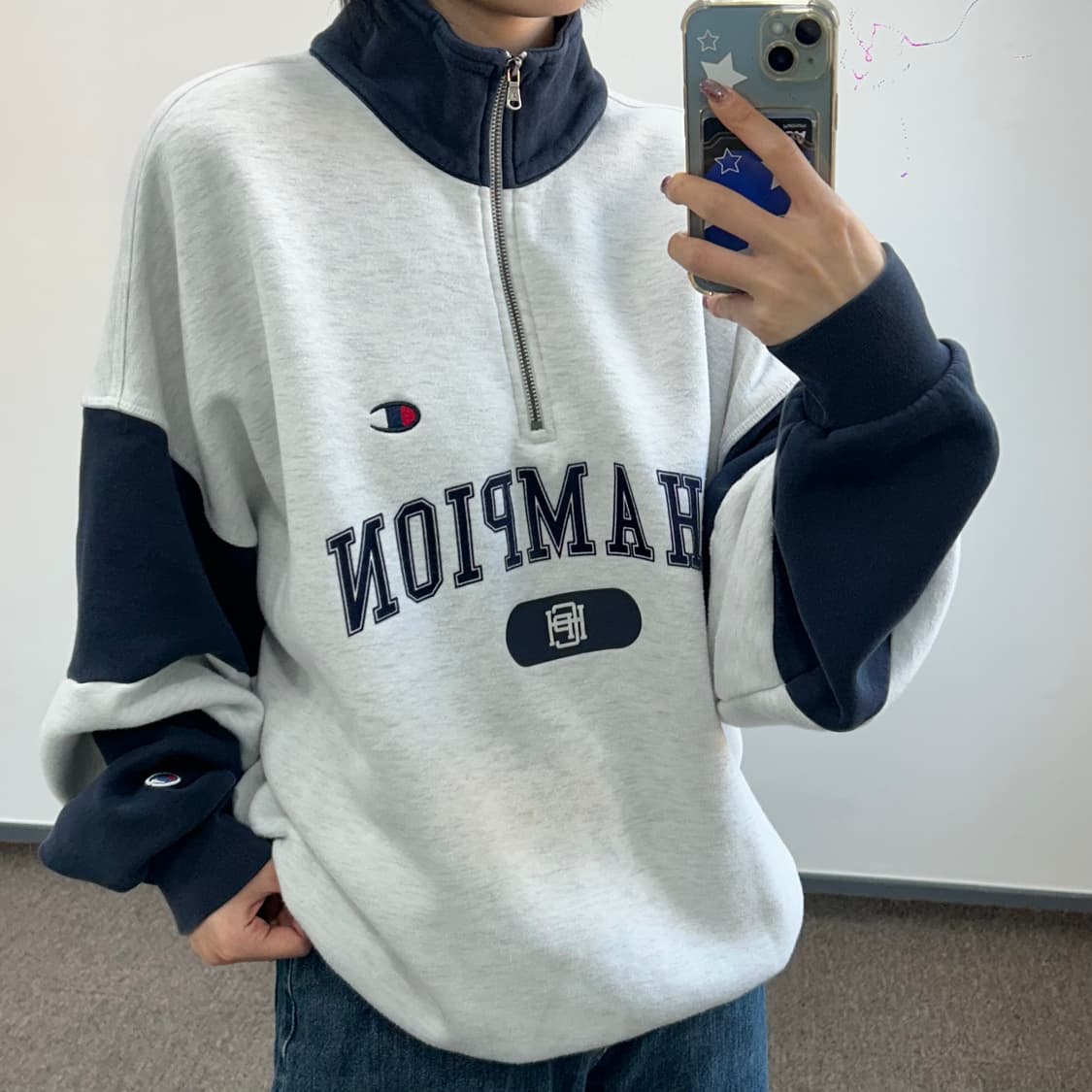 Champion 챔피온 네이비 멜란지 배색 반집업 상품이미지2