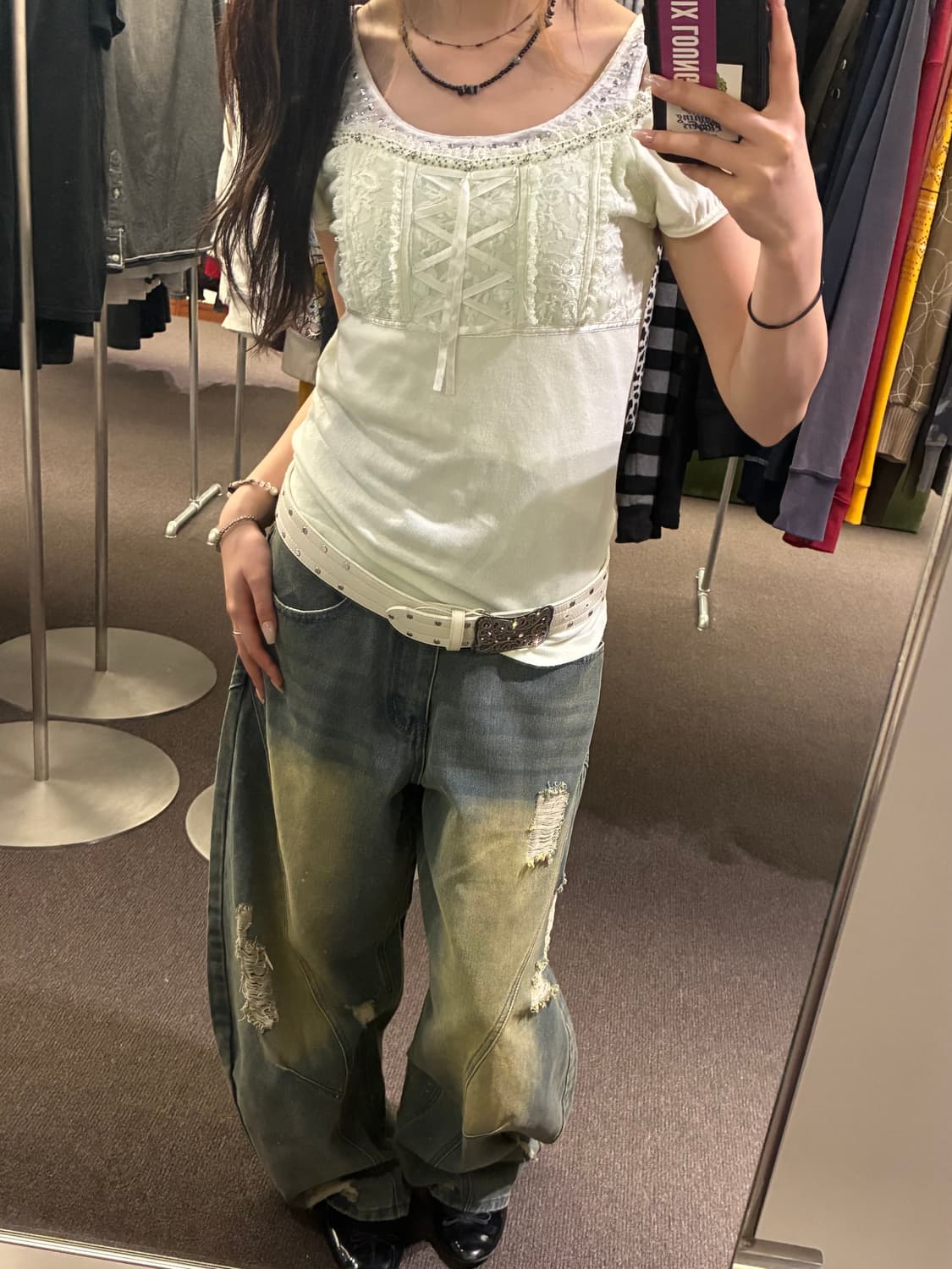 XS)Japanese vintage 여성 데미지 와이드 데님팬츠 상품이미지10
