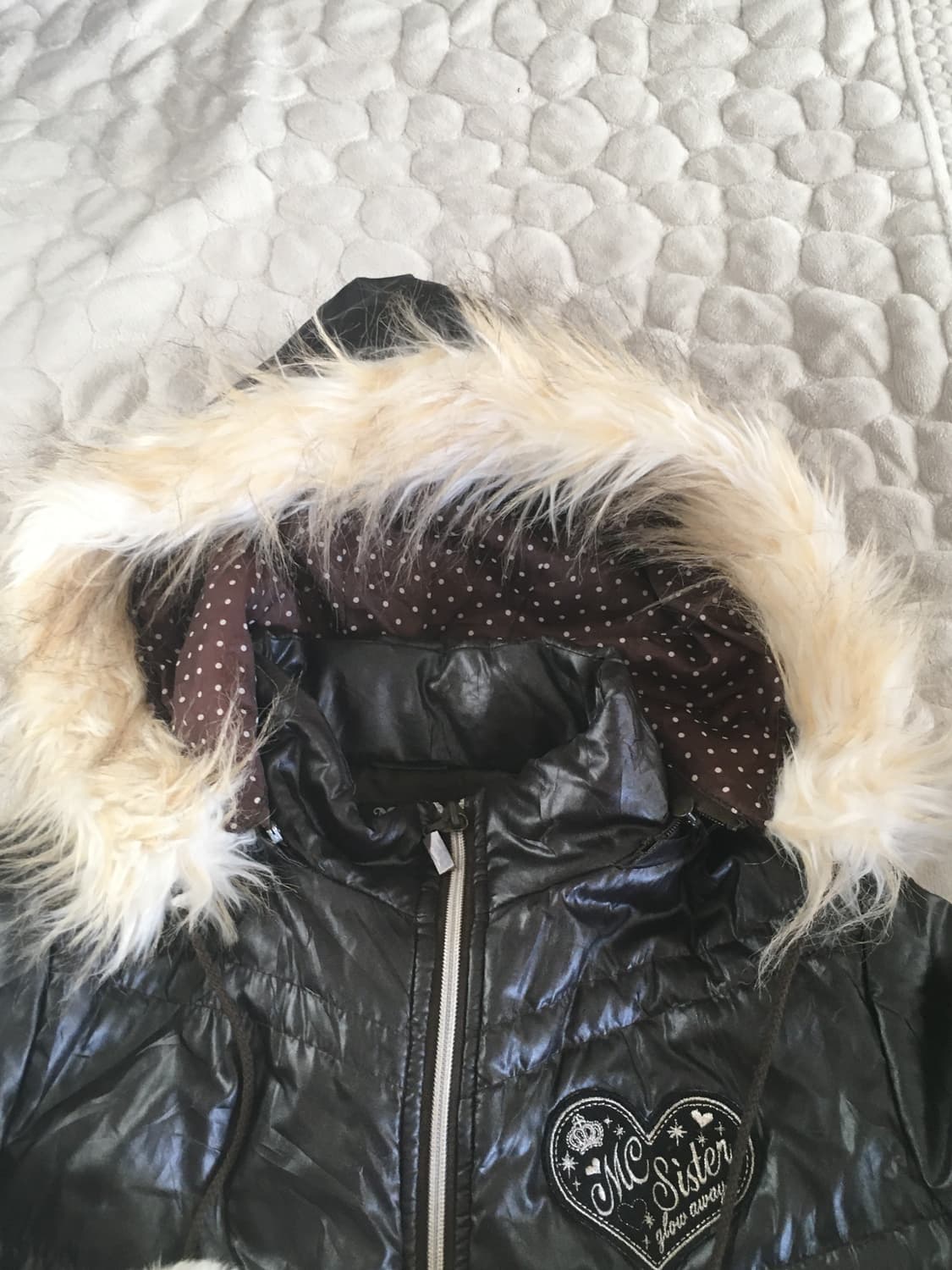 초코 브라운 땡땡이 폼폼이 퍼 패딩 라떼 히메 갸루 러블리 로걀 빈티지 상품이미지2