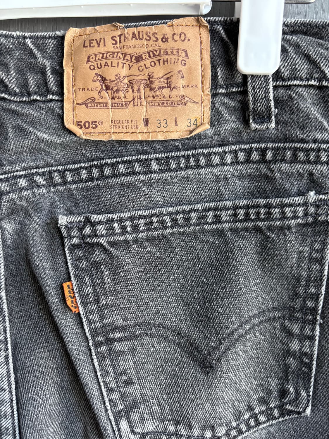 (33x34, 실측 32) 리바이스 505 USA 오렌지탭 흑청 상품이미지4