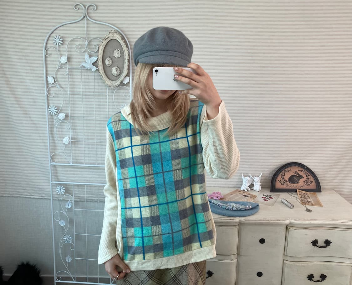 일본빈티지 민트 체크 패턴 니트 풀오버 상품이미지3