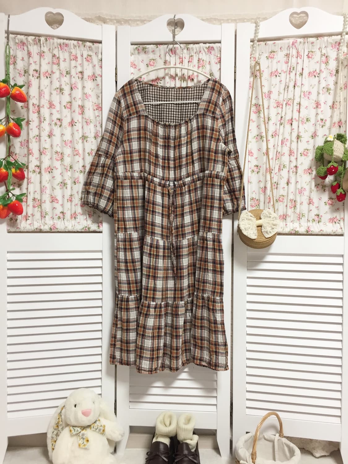 빈티지 모리걸 오렌지 체크 블라우스 상품이미지1