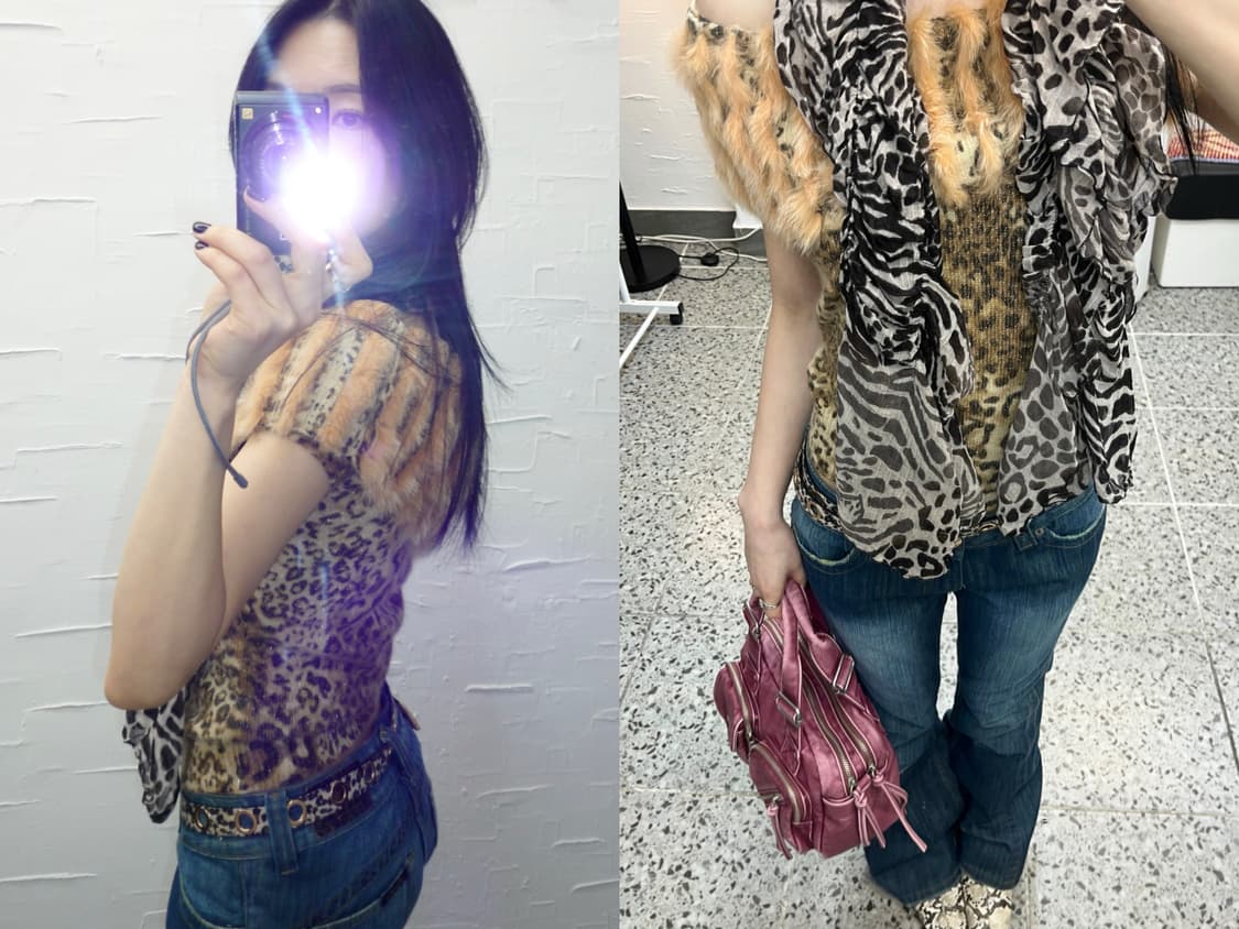 Leopard fur off-shoulder knit 상품이미지1
