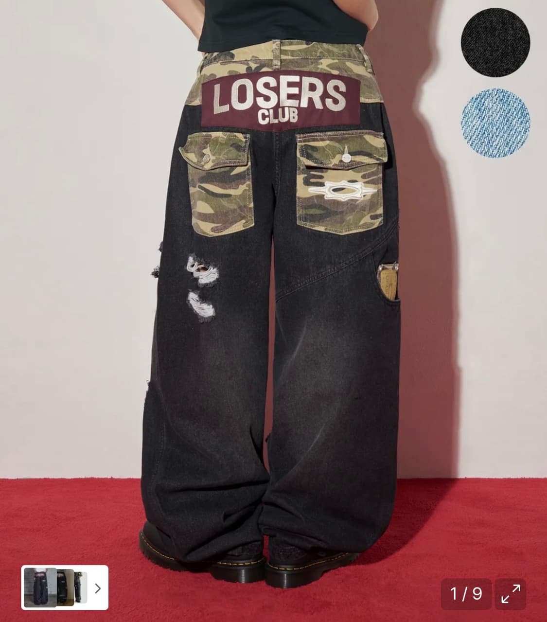 카모 믹스 데미지 와이드 데님팬츠 블랙 상품이미지2