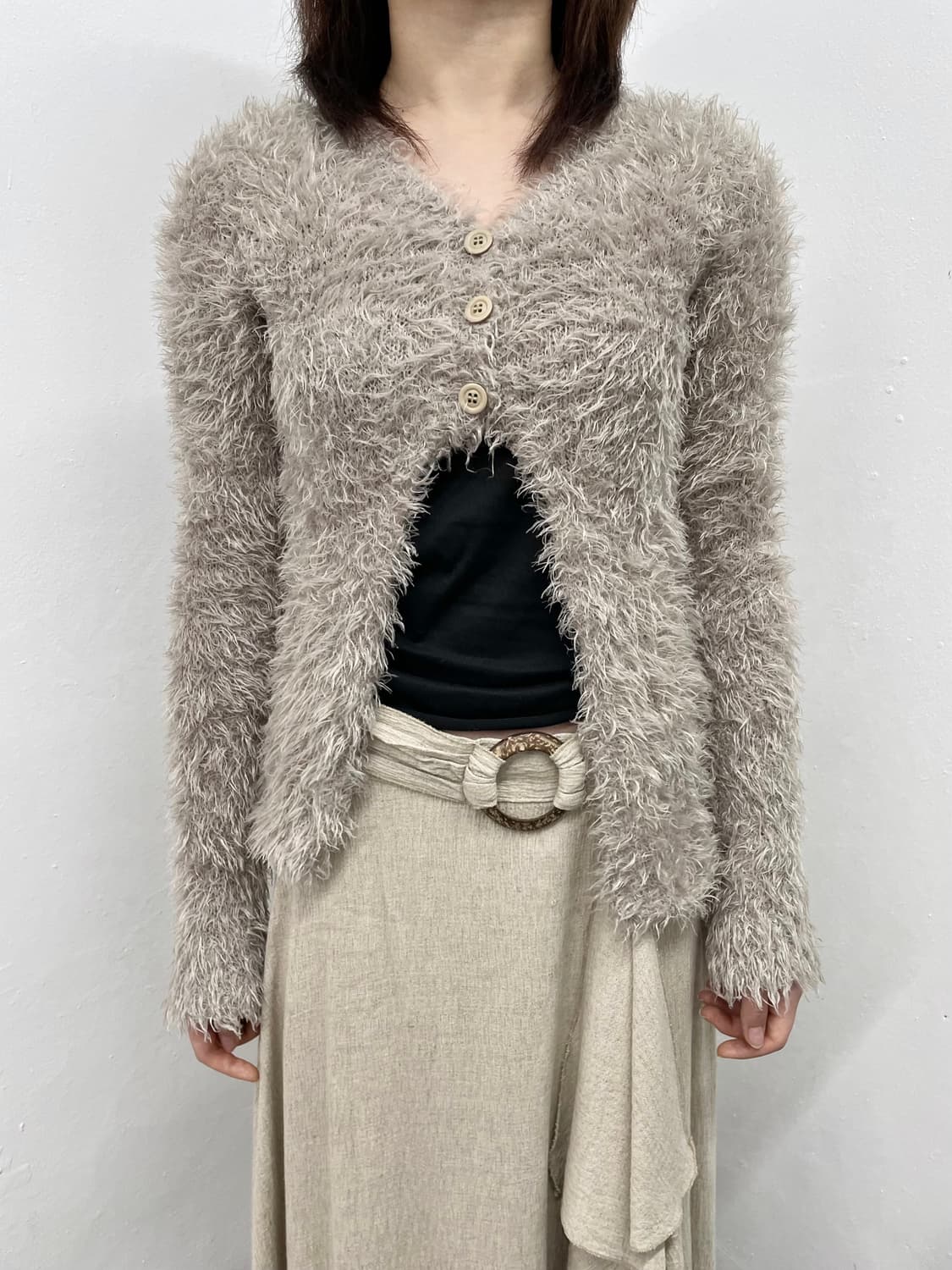 헤어리 퍼 버튼 레이어드 가디건 상품이미지2