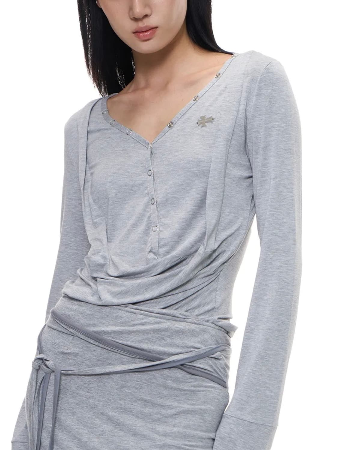 새상품) 2000아카이브스 드레이프드 헨리탑 멜란지그레이 상품이미지1