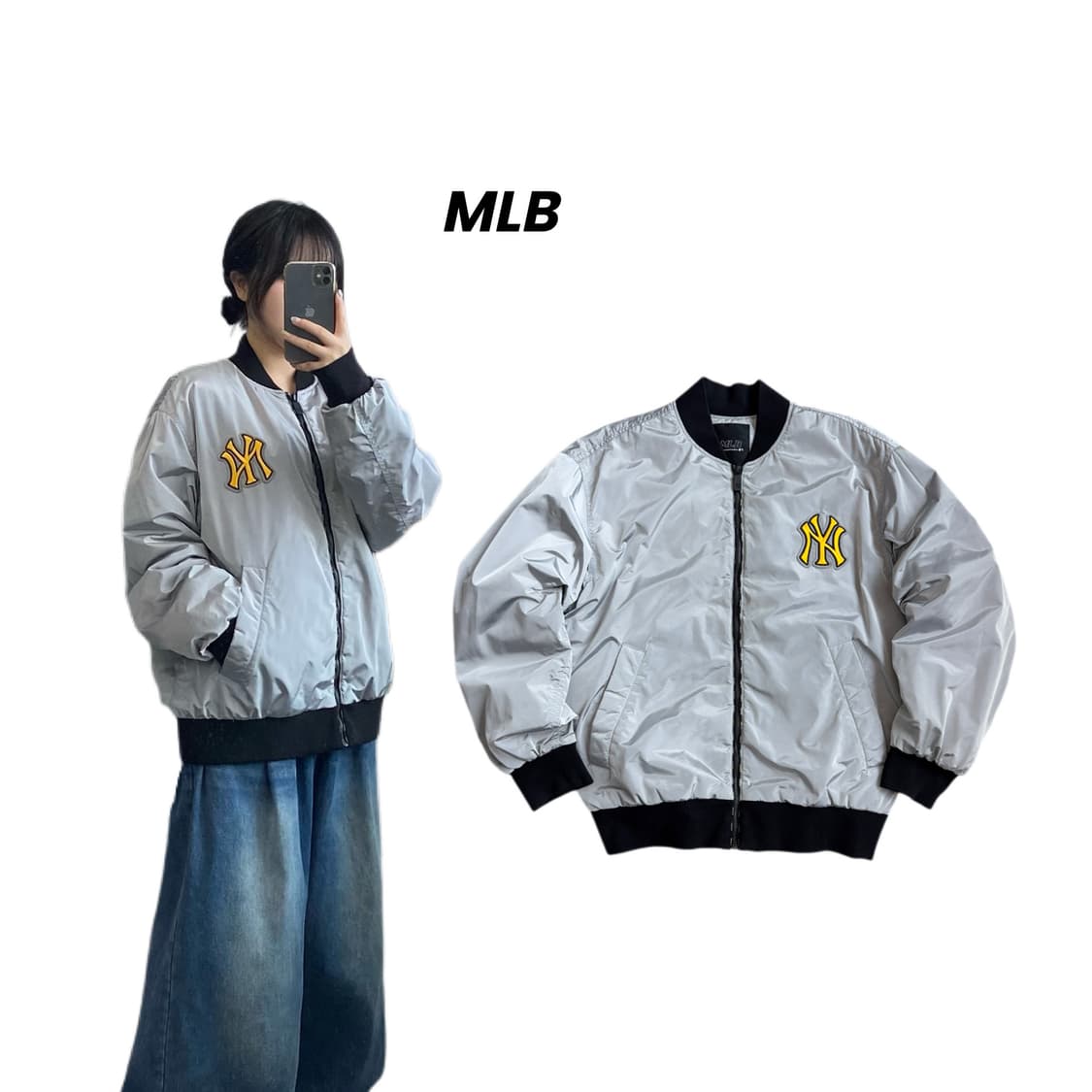 MLB 양키스 사틴 유광 실버 봄버 ma-1 항공점퍼 자켓 상품이미지1