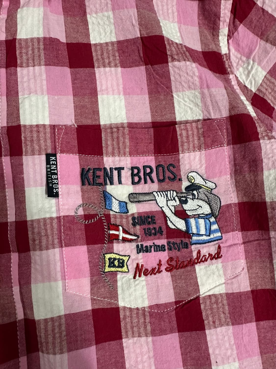 일본빈티지 KENT BROS 핑크 깅엄체크 시어서커 반팔셔츠 M 상품이미지3
