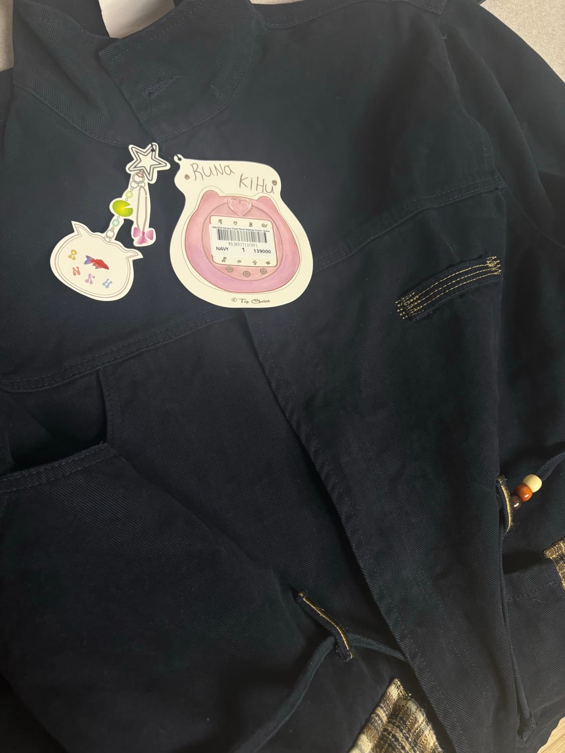 루나키후 WXJ032 하늘 체크 배색 워싱 코튼 자켓 (NAVY) 상품이미지4