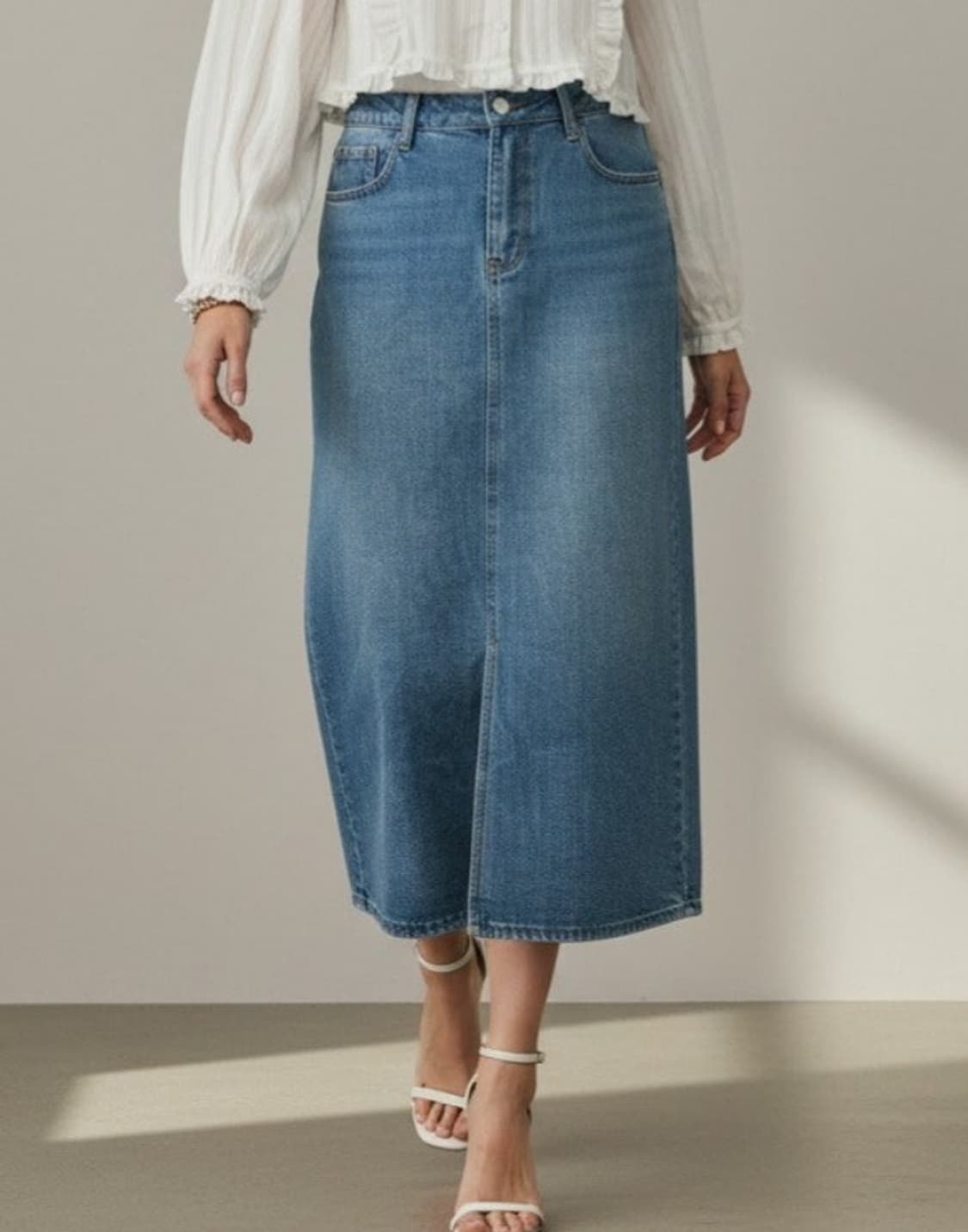 더바넷 앞트임 롱 데님 스커트 상품이미지1
