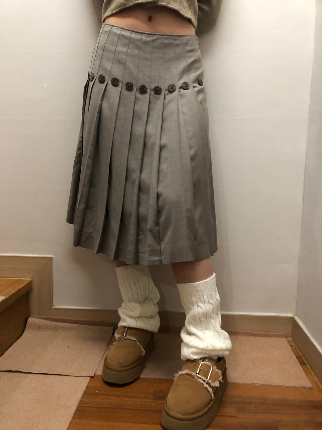 빈티지 그레이 버튼 플리츠 미디 스커트 상품이미지6