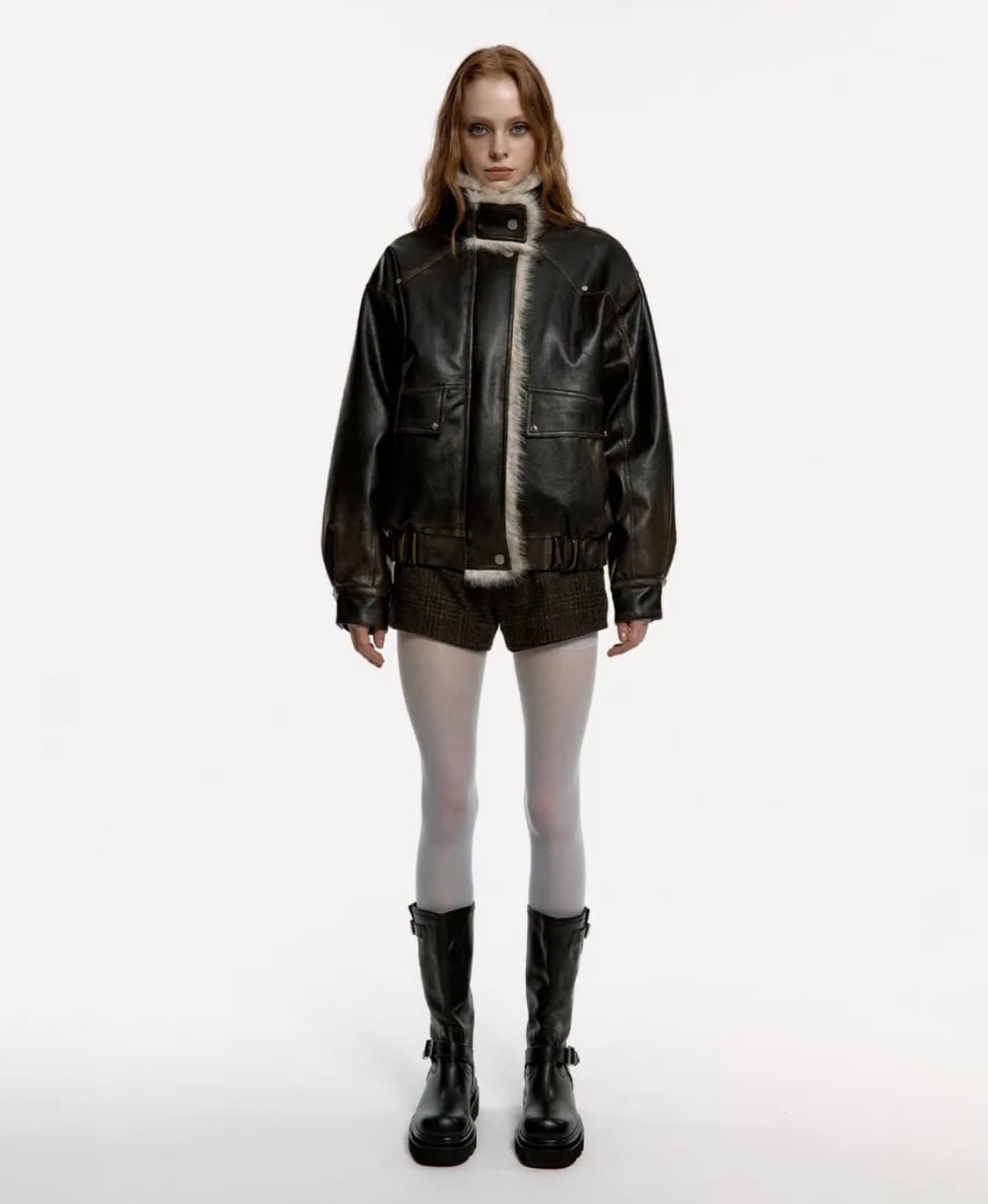 러프넥 워싱 레더 무스탕 자켓 상품이미지2