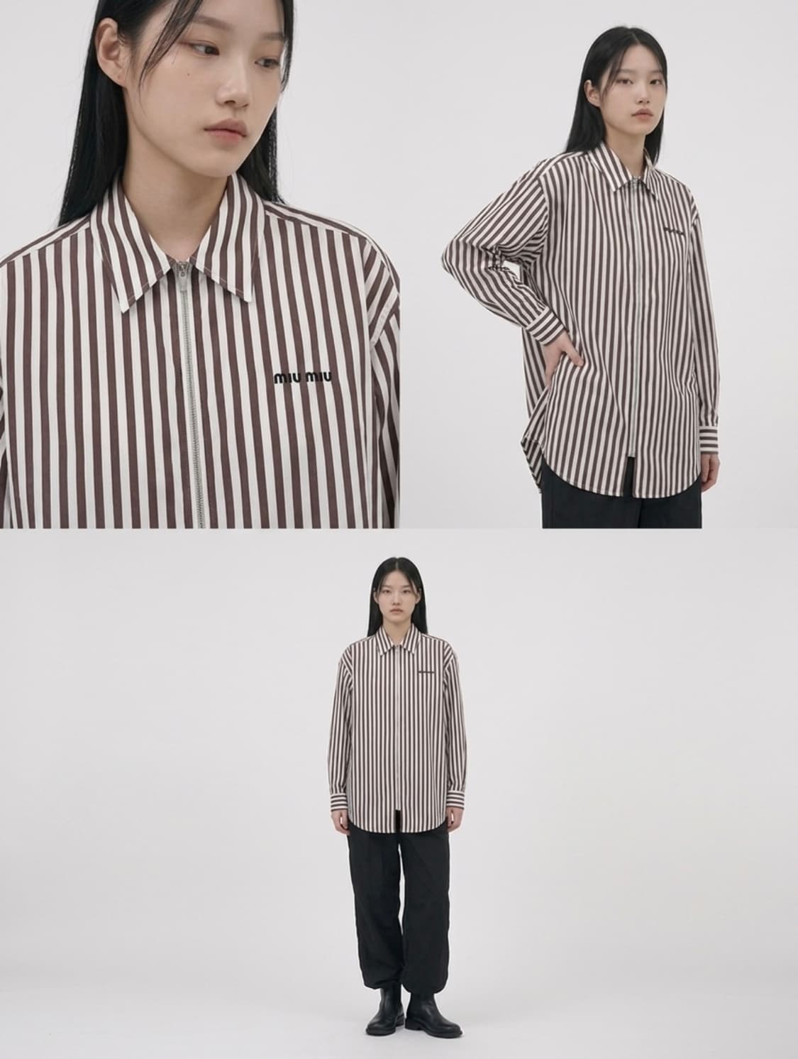 [38] 미우미우 25ss 로고 스트라이프 포플린 집업 셔츠 자켓 브라운 상품이미지2