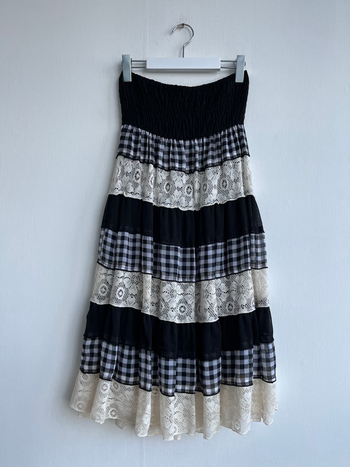 블랙 체크 패치워크 레이스 스커트 상품이미지3
