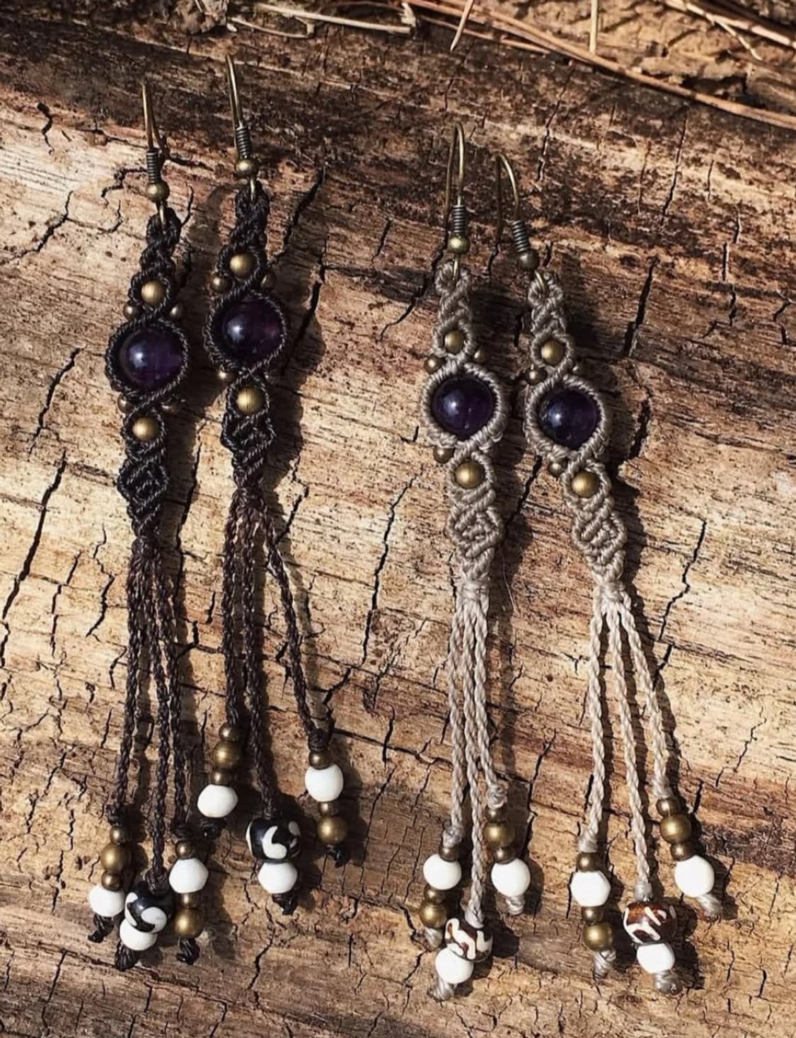 천연 원석 귀걸이 자수정 마크라메 태슬 블랙 퍼플 상품이미지1