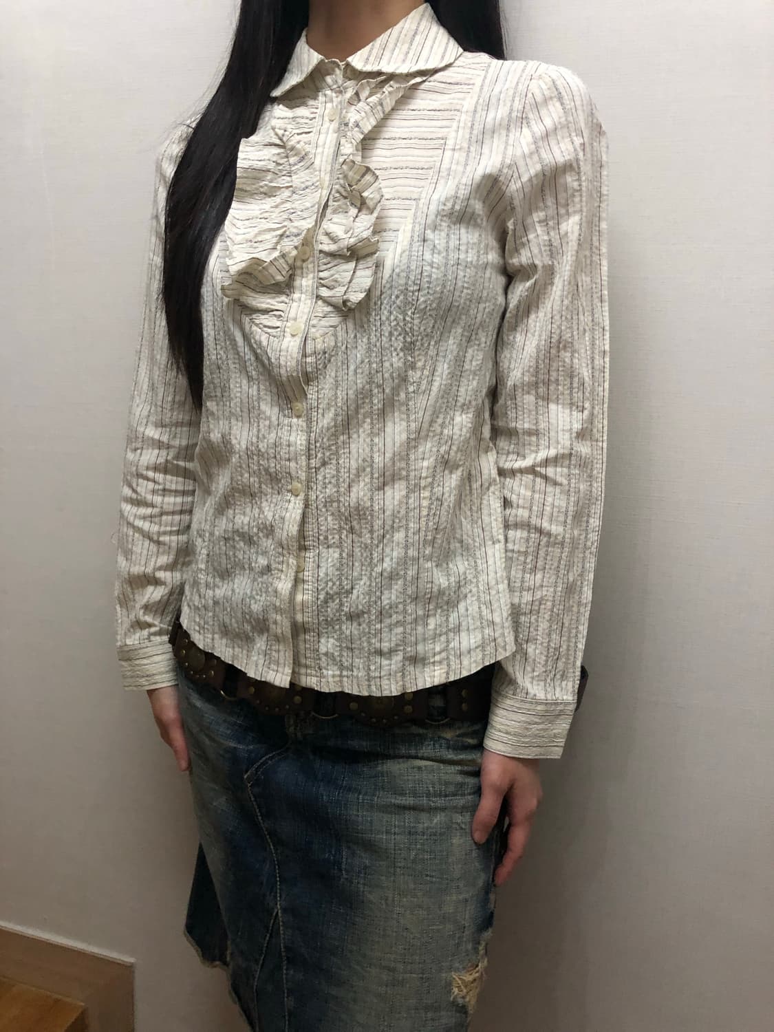 빈티지 화이트 스트라이프 프릴 블라우스 상품이미지3