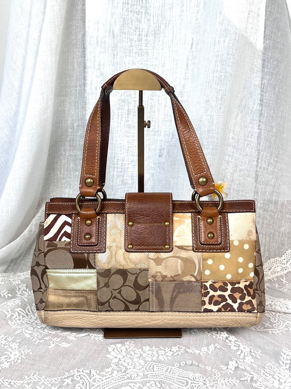 90s coach 패치워크 시그니처 호피 브라운 레더 캔버스 토트백 상품이미지7