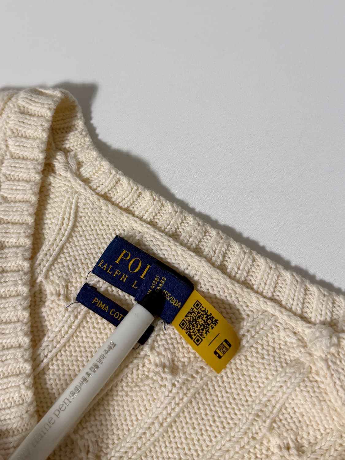폴로 랄프로렌 신형 QR라벨 아이보리 V넥 케이블 니트 상품이미지6